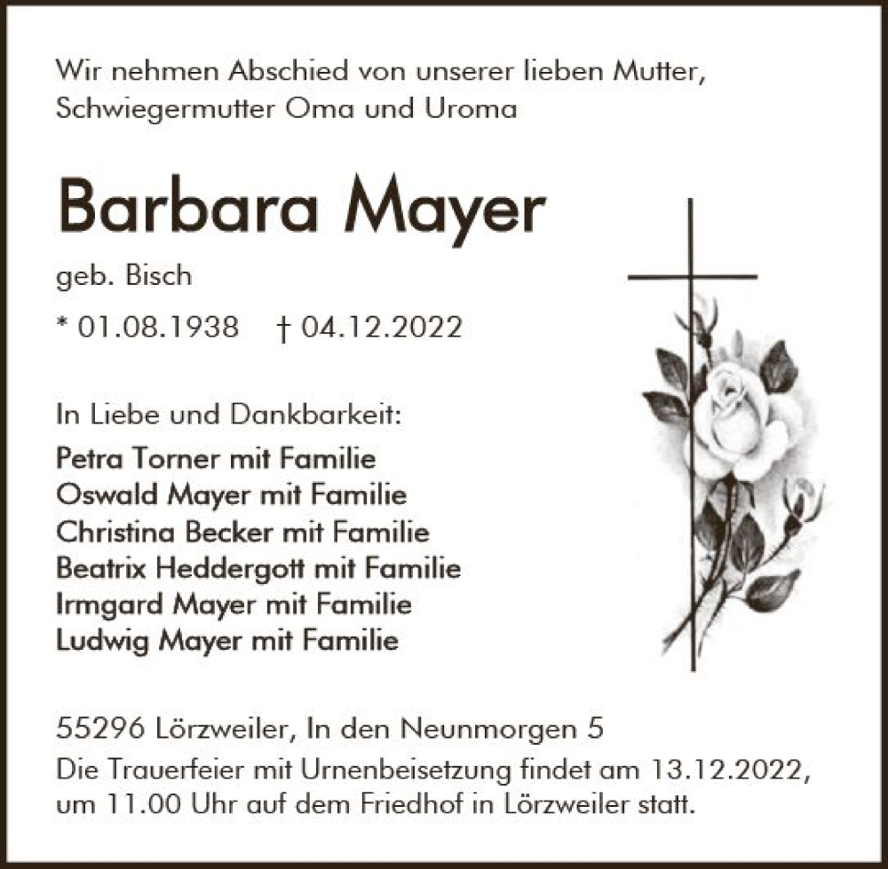  Traueranzeige für Barbara Mayer vom 07.12.2022 aus vrm-trauer AZ Mainz