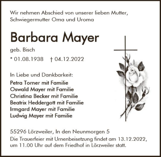 Traueranzeige von Barbara Mayer von vrm-trauer AZ Mainz