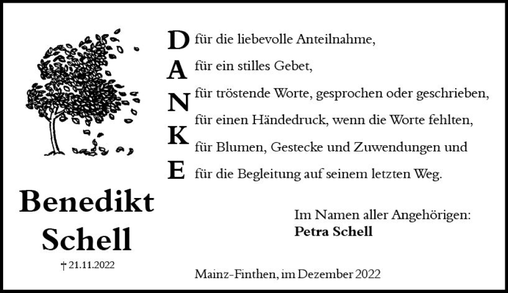  Traueranzeige für Benedikt Schell vom 17.12.2022 aus vrm-trauer AZ Mainz