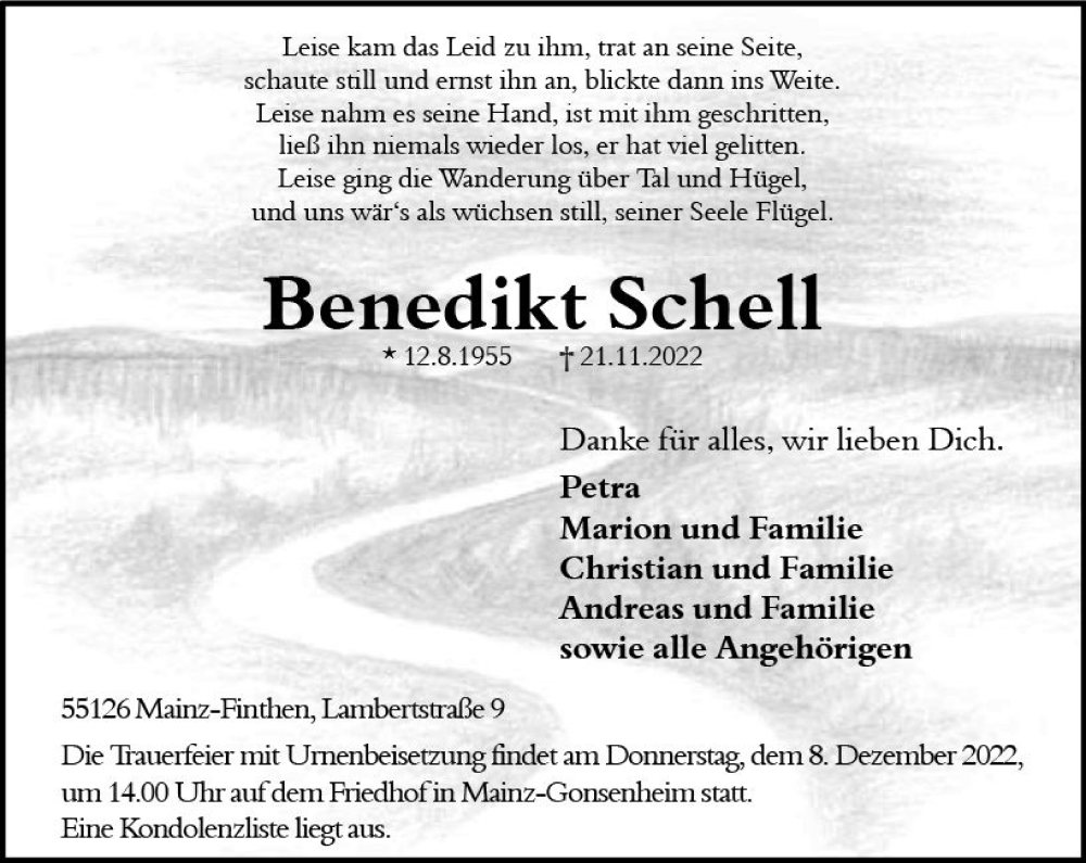  Traueranzeige für Benedikt Schell vom 03.12.2022 aus vrm-trauer AZ Mainz