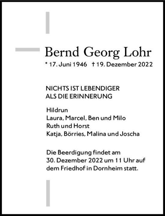 Traueranzeige von Bernd Georg Lohr von vrm-trauer Groß-Gerauer Echo