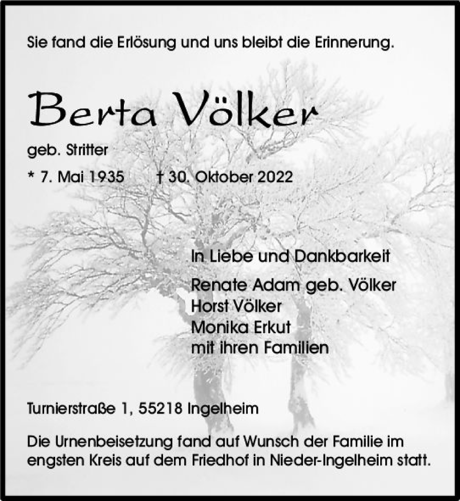  Traueranzeige für Berta Völker vom 03.12.2022 aus vrm-trauer Allgemeine  Zeitung Ingelheim-Bingen