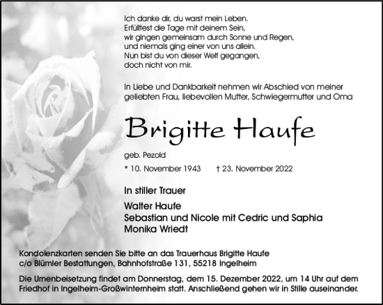 Traueranzeige von Brigitte Haufe von vrm-trauer Allgemeine  Zeitung Ingelheim-Bingen