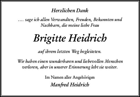 Traueranzeige von Brigitte Heidrich von vrm-trauer Wiesbadener Kurier