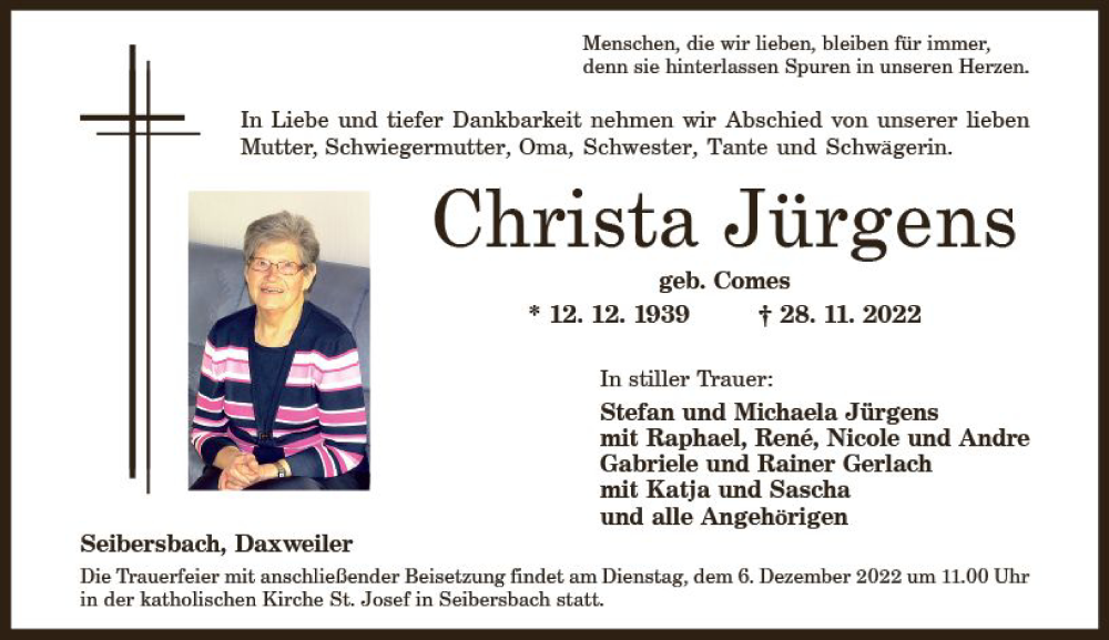  Traueranzeige für Christa Jürgens vom 03.12.2022 aus vrm-trauer Allg. Zeitung Bad Kreuznach