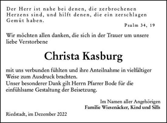 Traueranzeige von Christa Kasburg von vrm-trauer Groß-Gerauer Echo