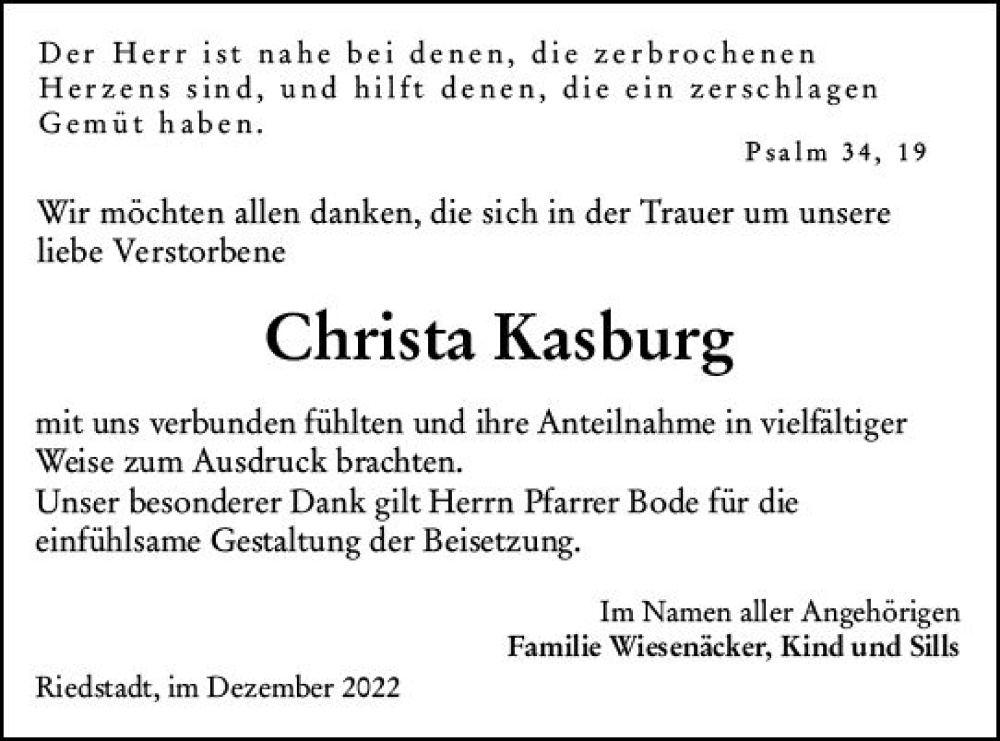  Traueranzeige für Christa Kasburg vom 17.12.2022 aus vrm-trauer Groß-Gerauer Echo