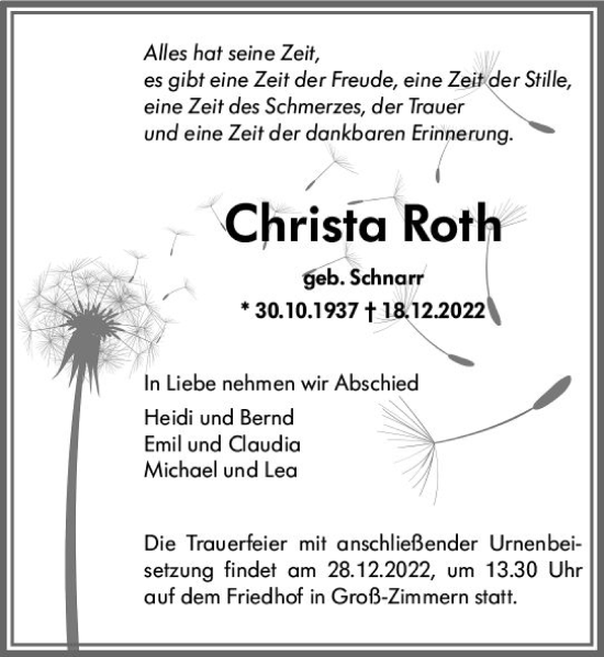 Traueranzeige von Christa Roth von vrm-trauer DieburgerAnzeiger/Groß-Zimmerner Lokala