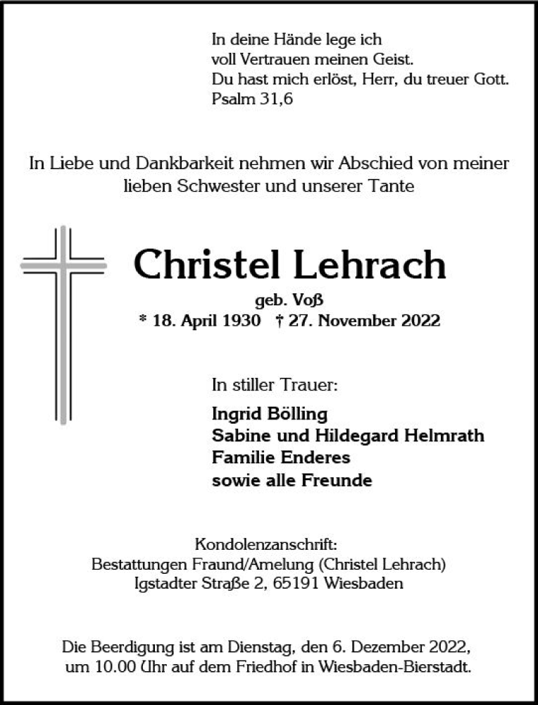  Traueranzeige für Christel Lehrach vom 03.12.2022 aus vrm-trauer Wiesbadener Kurier