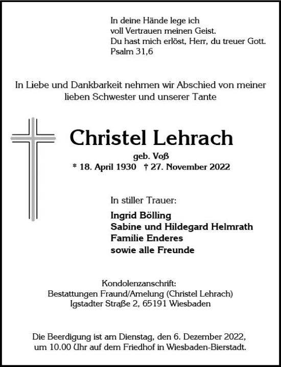 Traueranzeige von Christel Lehrach von vrm-trauer Wiesbadener Kurier