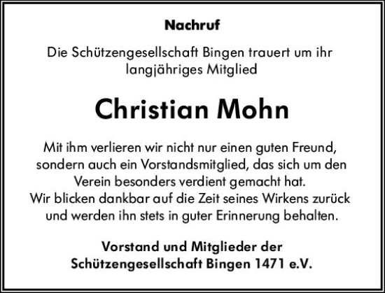 Traueranzeige von Christian Mohn von vrm-trauer Neue Binger Zeitung