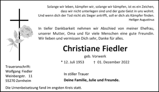 Traueranzeige von Christiane Fiedler von vrm-trauer AZ Mainz