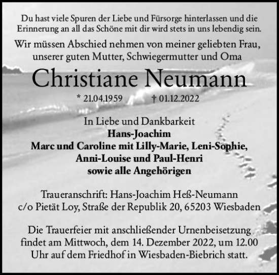 Traueranzeige von Christiane Neumann von vrm-trauer Wiesbadener Kurier