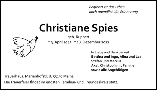 Traueranzeige von Christiane Spies von vrm-trauer AZ Mainz