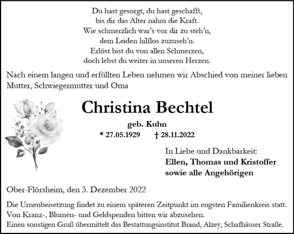  Traueranzeige für Christina Bechtel vom 03.12.2022 aus vrm-trauer Allgemeine Zeitung Alzey