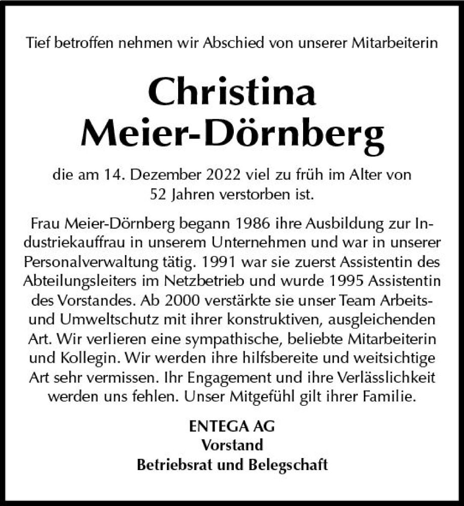  Traueranzeige für Christina Meier-Dörnberg vom 24.12.2022 aus vrm-trauer Odenwälder Echo