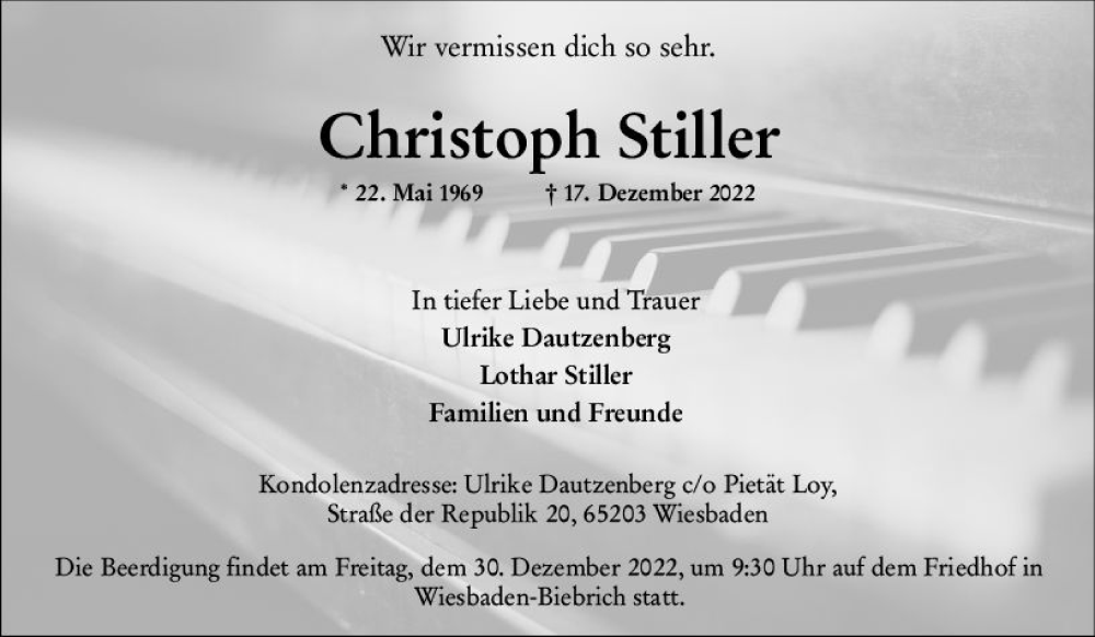  Traueranzeige für Christoph Stiller vom 24.12.2022 aus vrm-trauer Wiesbadener Kurier