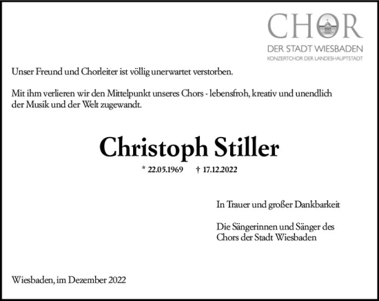 Traueranzeige von Christoph Stiller von vrm-trauer Wiesbadener Kurier