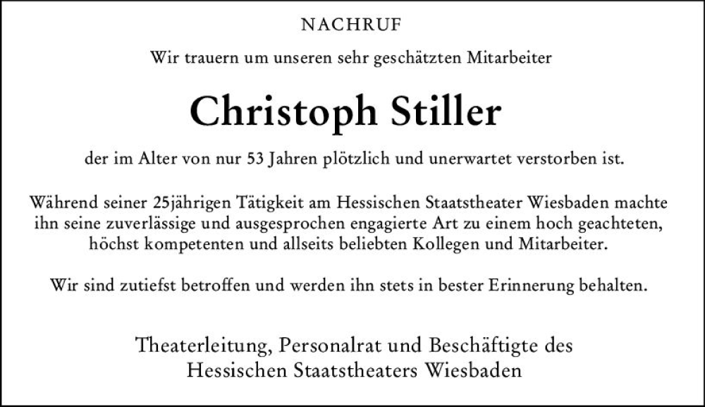  Traueranzeige für Christoph Stiller vom 24.12.2022 aus vrm-trauer Wiesbadener Kurier