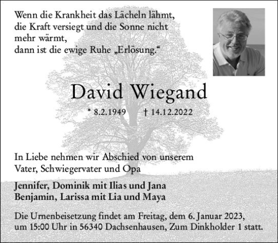 Traueranzeige von David Wiegand von vrm-trauer Wiesbadener Kurier