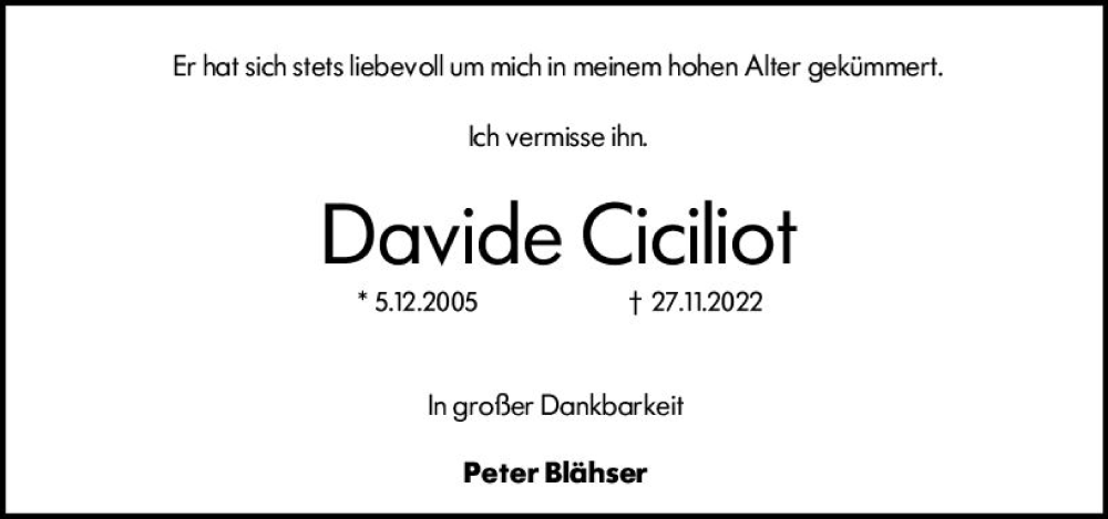  Traueranzeige für Davide Ciciliot vom 09.12.2022 aus vrm-trauer Hochheimer Zeitung