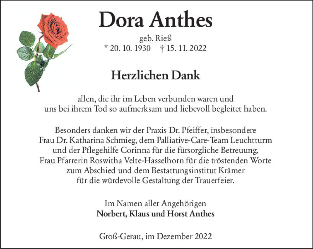  Traueranzeige für Dora Anthes vom 17.12.2022 aus vrm-trauer Groß-Gerauer Echo