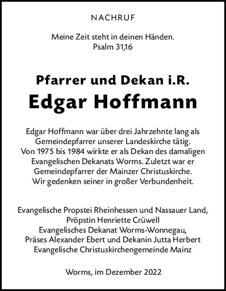  Traueranzeige für Edgar Hoffmann vom 10.12.2022 aus vrm-trauer Wormser Zeitung