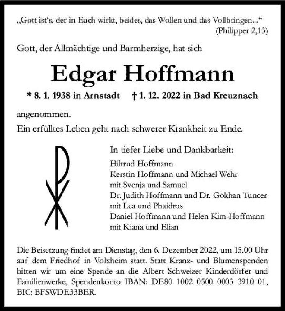  Traueranzeige für Edgar Hoffmann vom 05.12.2022 aus vrm-trauer Wormser Zeitung