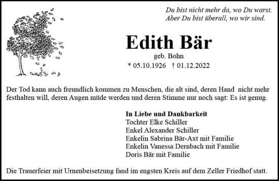 Traueranzeige von Edith Bär von vrm-trauer Odenwälder Echo
