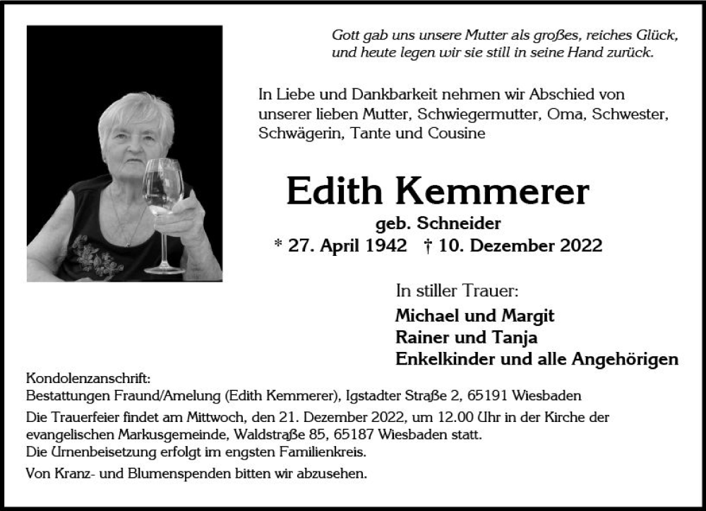  Traueranzeige für Edith Kemmerer vom 17.12.2022 aus vrm-trauer Wiesbadener Kurier