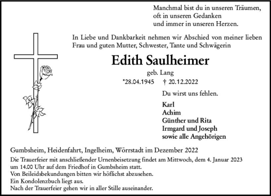 Traueranzeige von Edith Saulheimer von vrm-trauer Allgemeine  Zeitung Ingelheim-Bingen