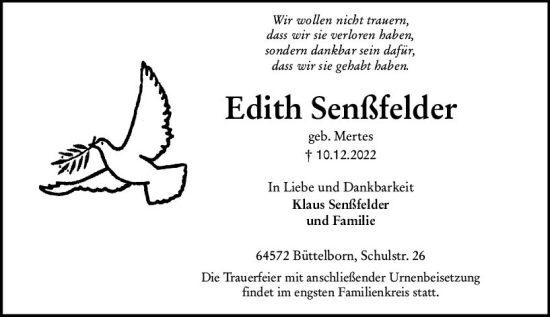Traueranzeige von Edith Senßfelder von vrm-trauer Groß-Gerauer Echo