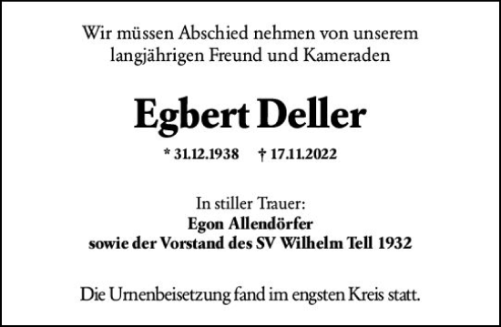 Traueranzeige von Egbert Deller von vrm-trauer Wiesbadener Kurier