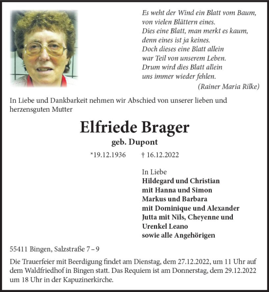 Traueranzeige von Elfriede Brager von vrm-trauer Allgemeine  Zeitung Ingelheim-Bingen