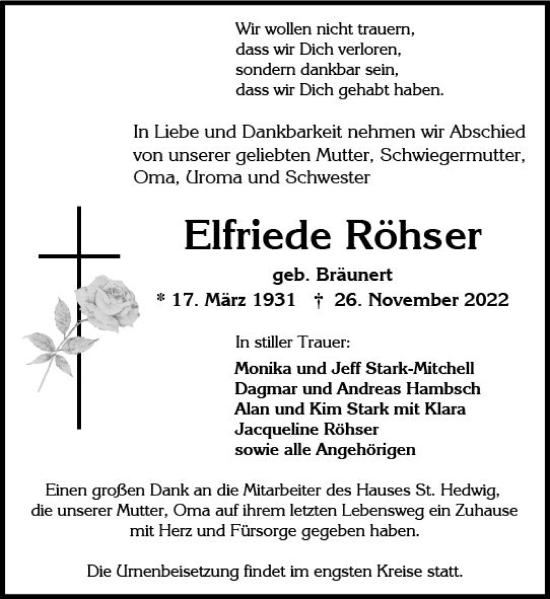 Traueranzeige von Elfriede Röhser von vrm-trauer Wiesbadener Kurier