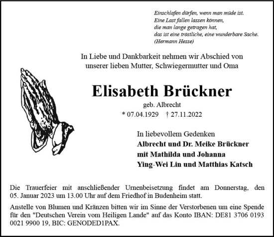 Traueranzeige von Elisabeth Brückner von vrm-trauer AZ Mainz