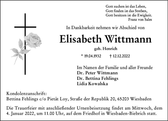 Traueranzeige von Elisabeth Wittmann von vrm-trauer Wiesbadener Kurier