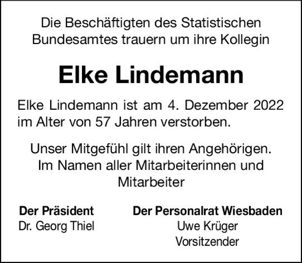  Traueranzeige für Elke Lindemann vom 14.12.2022 aus vrm-trauer Wiesbadener Kurier