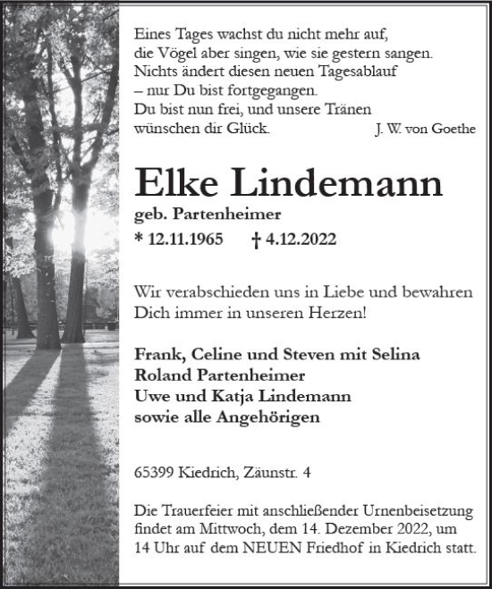 Traueranzeige von Elke Lindemann von vrm-trauer Wiesbadener Kurier