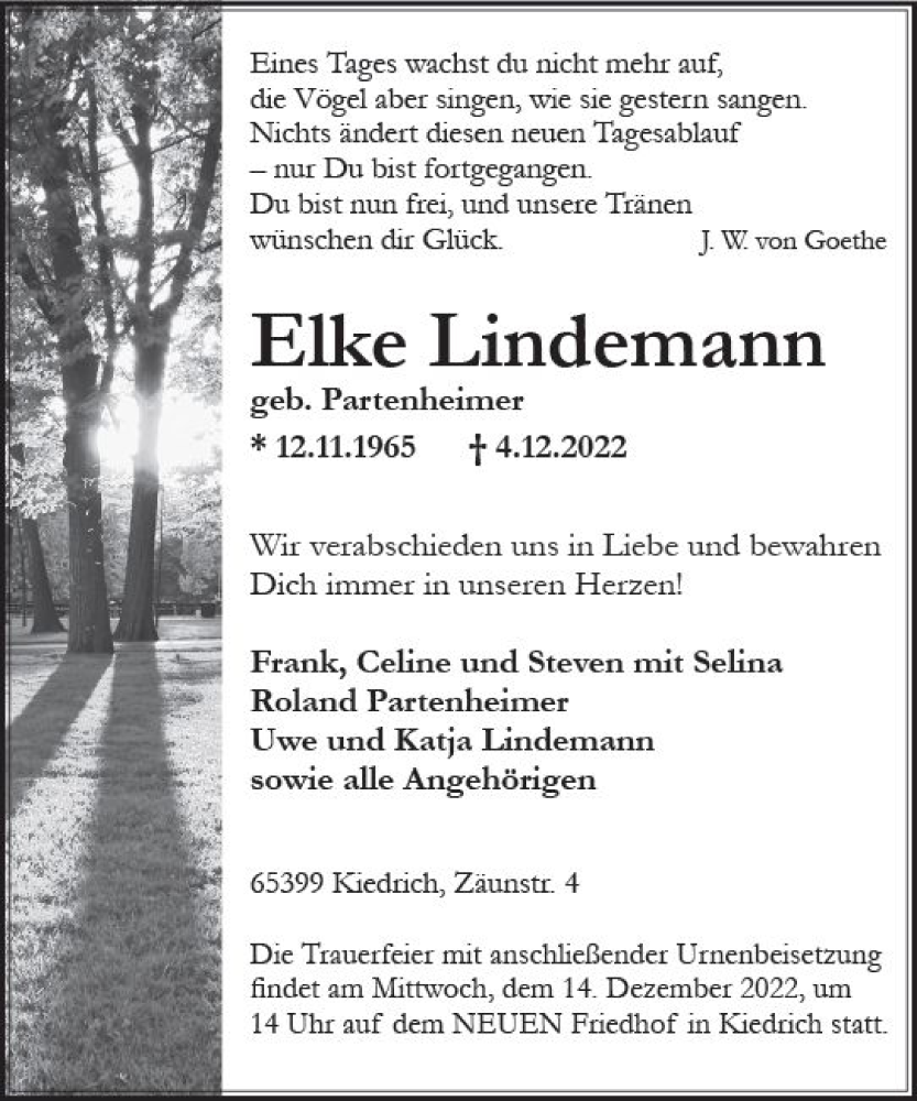  Traueranzeige für Elke Lindemann vom 09.12.2022 aus vrm-trauer Wiesbadener Kurier