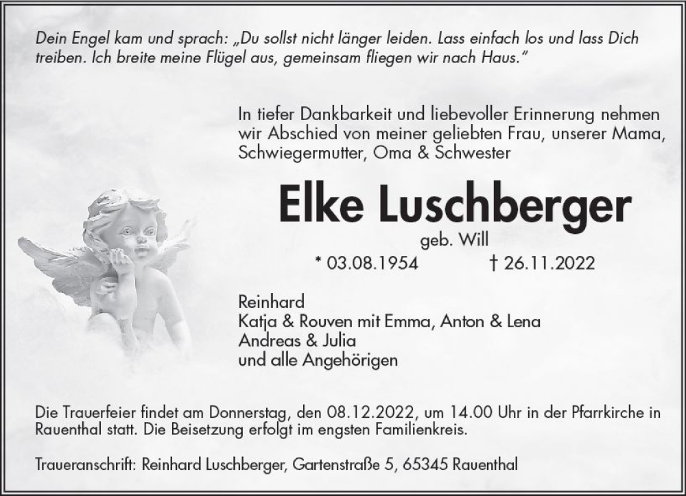  Traueranzeige für Elke Luschberger vom 03.12.2022 aus vrm-trauer Rheingau