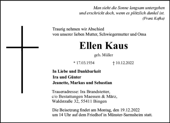 Traueranzeige von Ellen Kaus von vrm-trauer Allgemeine  Zeitung Ingelheim-Bingen