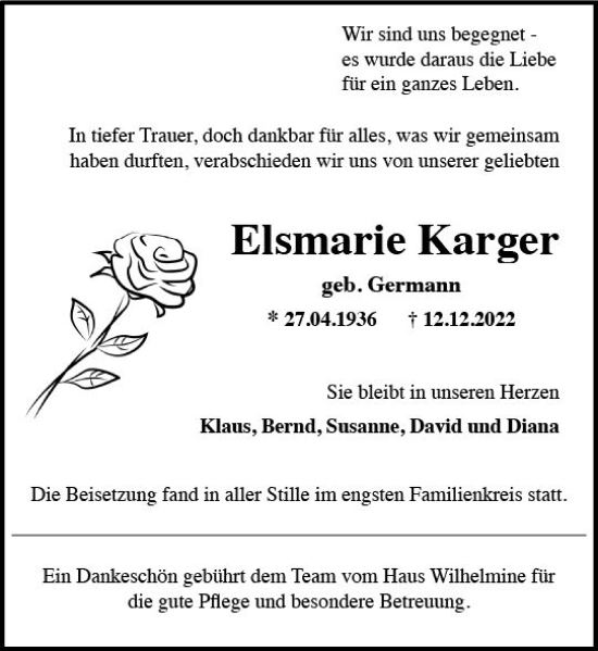 Traueranzeige von Elsmarie Karger von vrm-trauer Rheingau