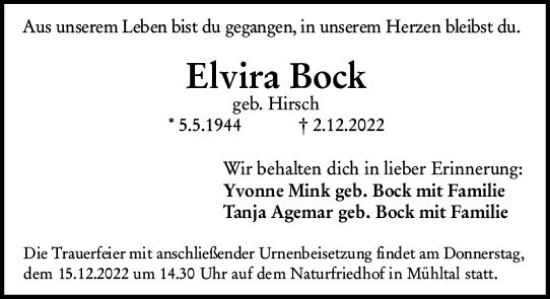 Traueranzeige von Elvira Bock von vrm-trauer Darmstädter Echo
