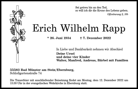 Traueranzeige von Erich Wilhelm Rapp von vrm-trauer Allg. Zeitung Bad Kreuznach