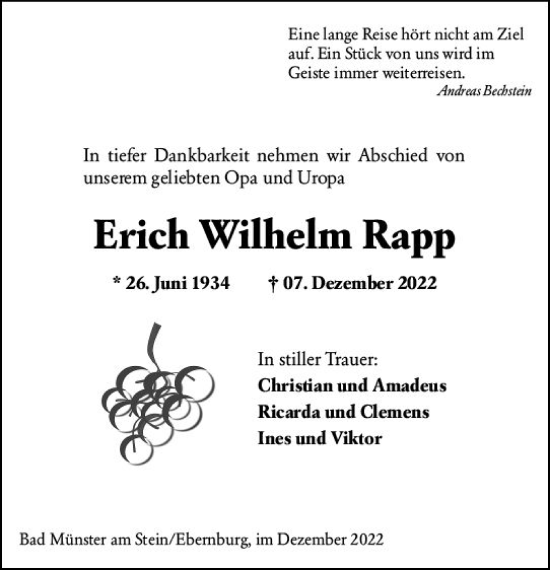 Traueranzeige von Erich Wilhelm Rapp von vrm-trauer Allg. Zeitung Bad Kreuznach