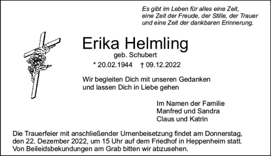 Traueranzeige von Erika Helmling von vrm-trauer Bürstädter/Lamperth. Ztg/Starkenburger