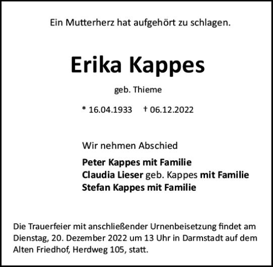 Traueranzeige von Erika Kappes von vrm-trauer Darmstädter Echo