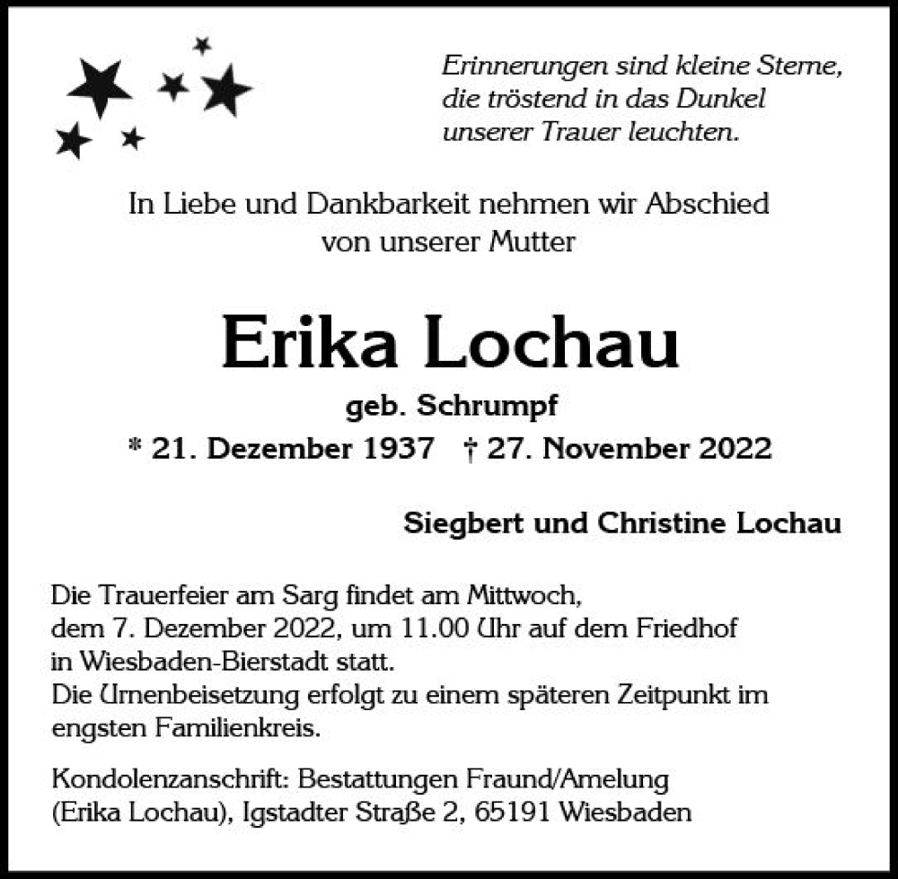  Traueranzeige für Erika Lochau vom 03.12.2022 aus vrm-trauer Wiesbadener Kurier