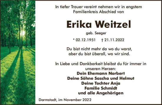 Traueranzeige von Erika Weitzel von vrm-trauer Darmstädter Echo